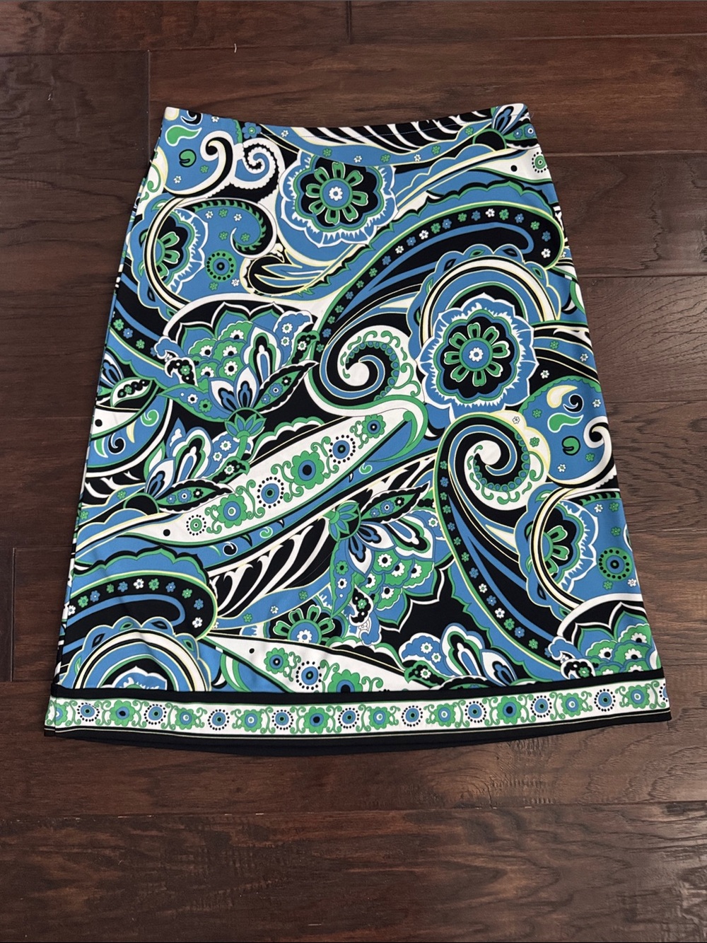 New York & Company Jersey Blue, Green & Black Paisley Midi Skirt